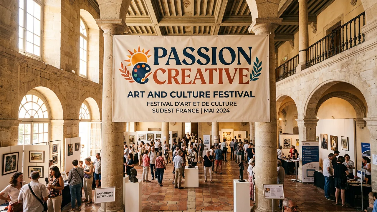Bannière officielle de PASSION CREATIVE déployée lors de la biennale citoyenne des arts à Montpellier